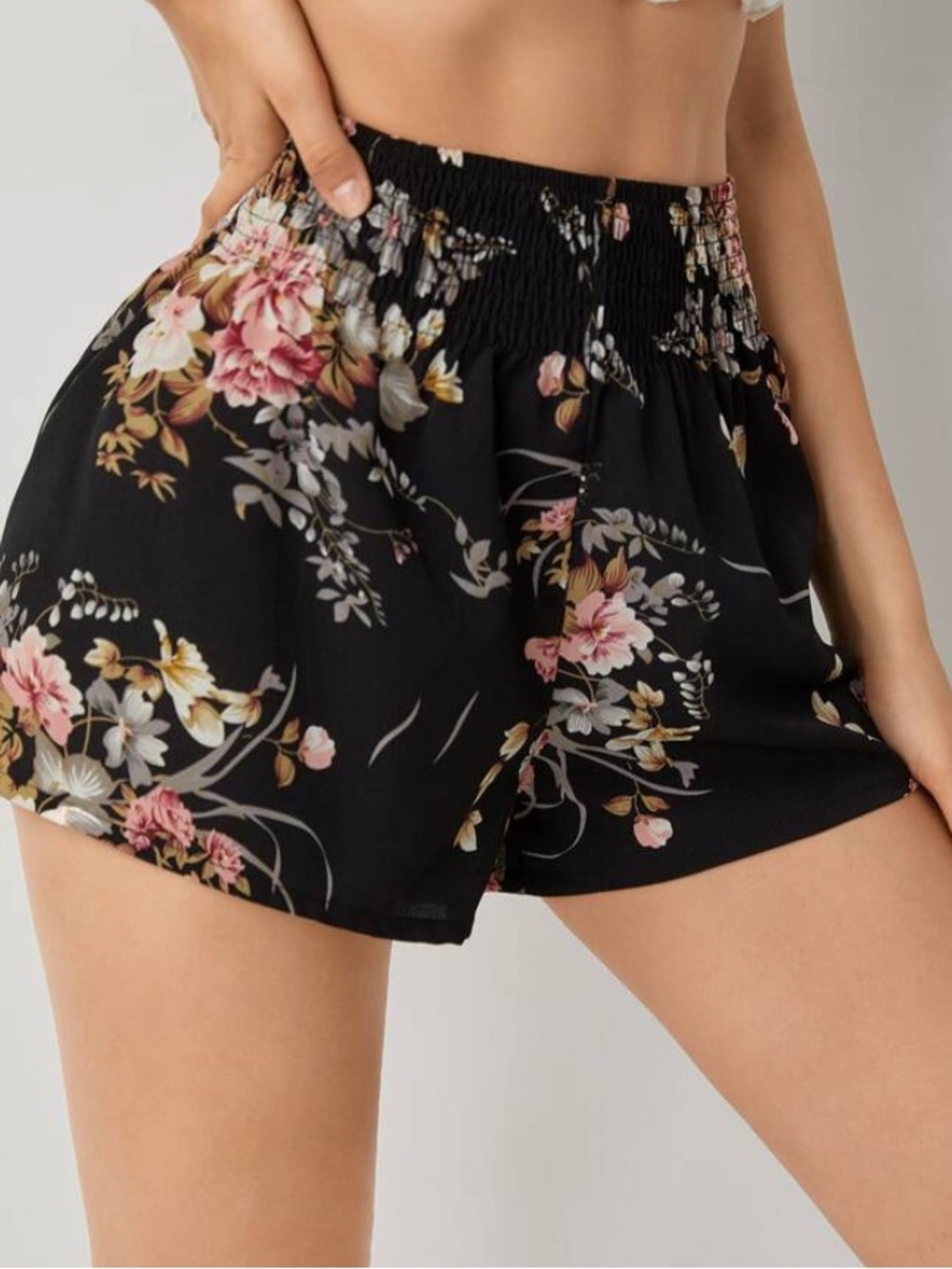 SHEIN Black Floral Smocked High Waist Women’s Shorts